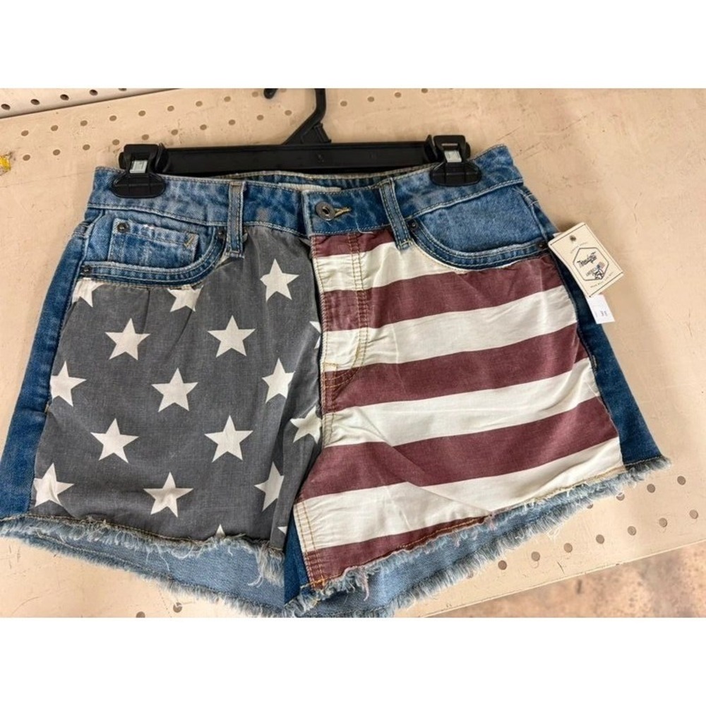 Threadgrit Women American Flag Denim Shorts Stars Stripes Frayed Hem Size 2/26